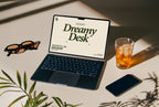 Real photo MacBook Air mockup PSD on sunlit desk with plant shadows, phone and iced drink