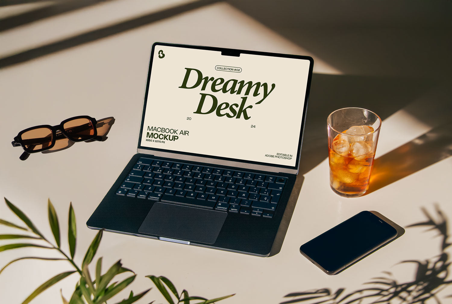 Real photo MacBook Air mockup PSD on sunlit desk with plant shadows, phone and iced drink