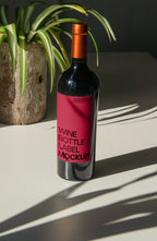 wine bottle label mockup PSD on sunlit table with plant shadows and glass reflections

