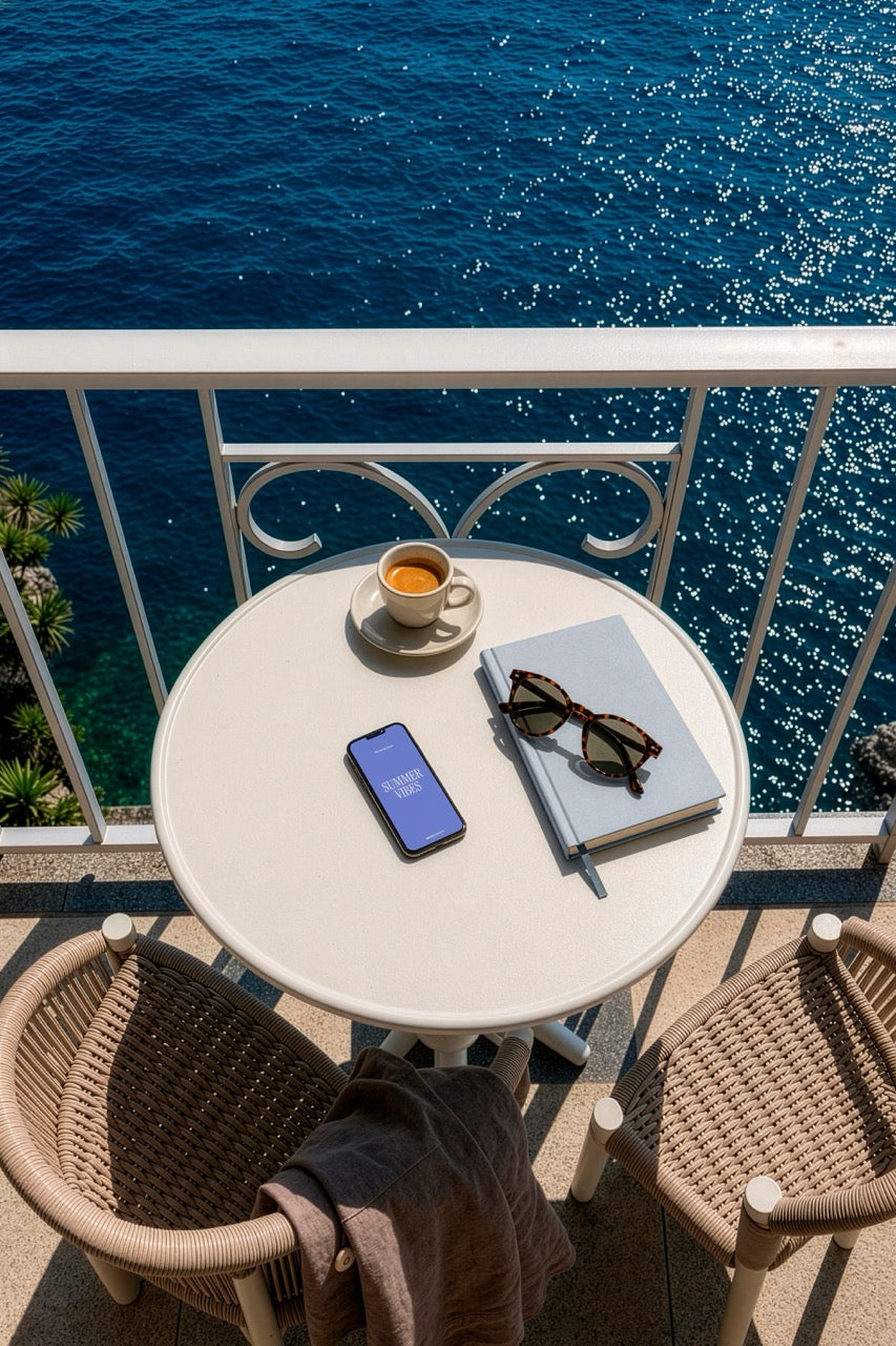iPhone mockup PSD on a balcony table overlooking the ocean with coffee and sunglasses