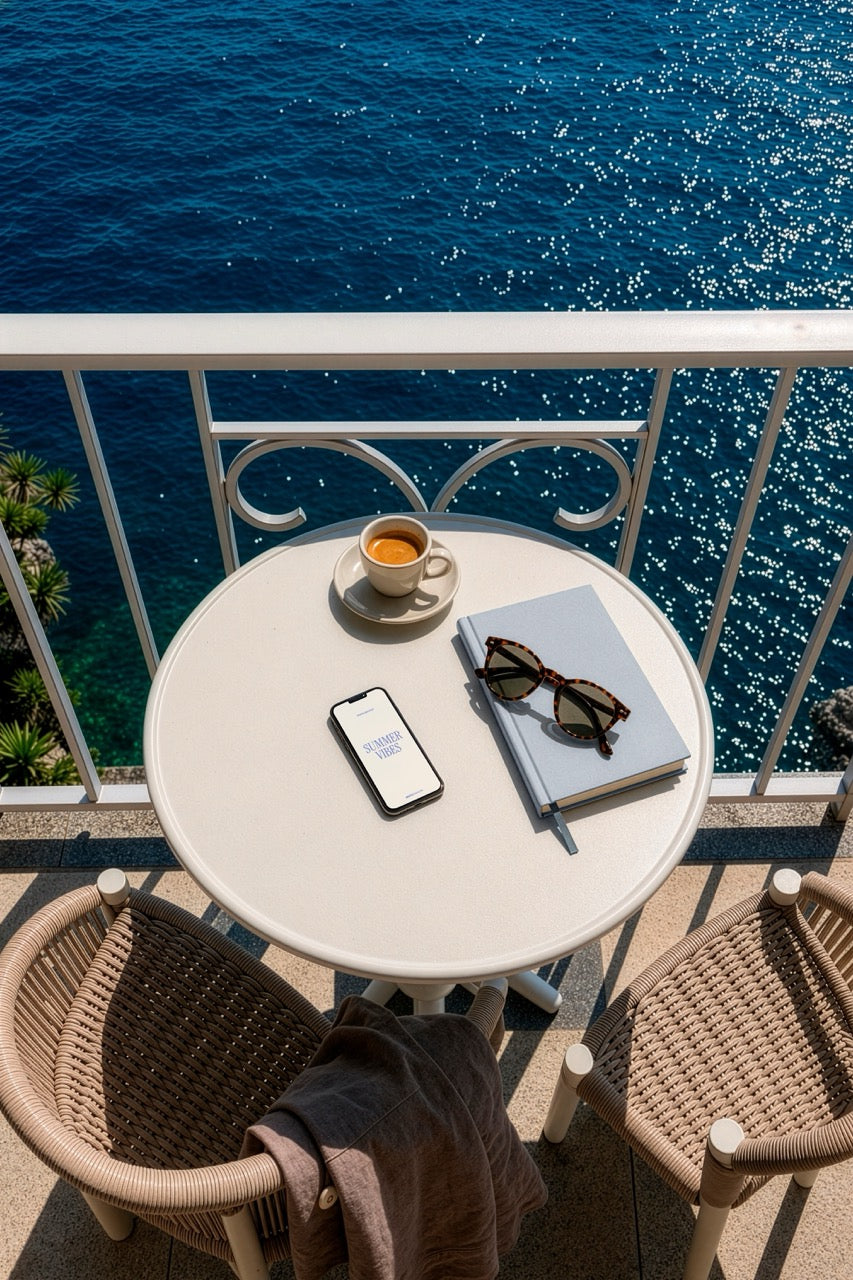 iPhone mockup PSD on a balcony table overlooking the ocean with coffee and sunglasses