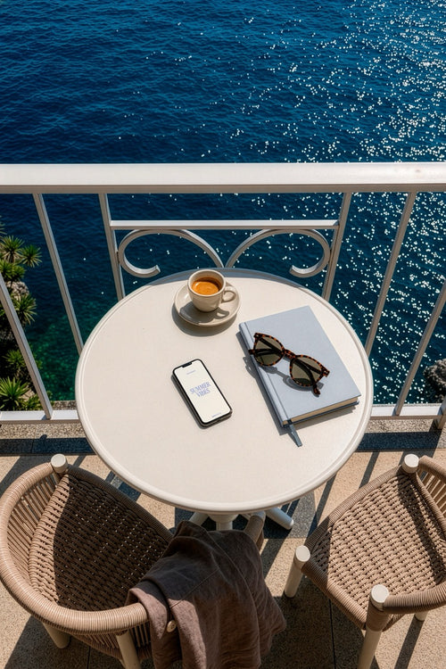 iPhone mockup PSD on a balcony table overlooking the ocean with coffee and sunglasses