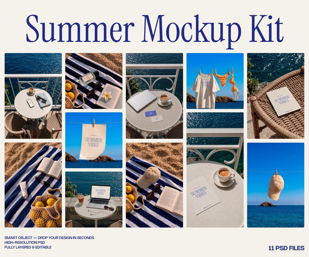 Summer Vibes mockup bundle with 11 PSD mockups styled in beach and coastal scenes. Bundle of apparel, packaging, and device mockups for summer branding. Mockup bundle, summer mockup, apparel mockup, packaging mockup, device mockup, stationery mockup, high quality mockup, PSD file.